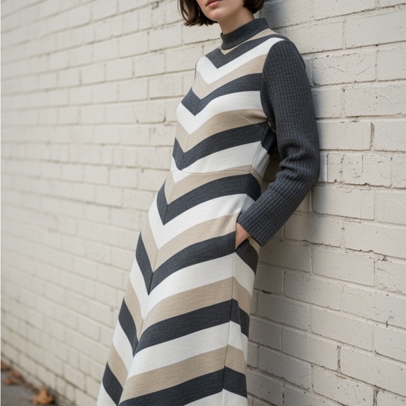 Vintage | Butte Knit Wool Blend Color block Stripe Midi Dress | M - Picture 2 of 4